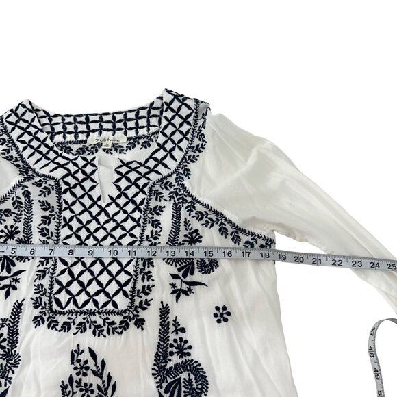 Solitaire White & Black Embroidered Cotton Semi Sheer Tunic Top Women Size L - Picture 5 of 9